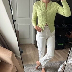 Peck & Peck Lime Green Fine Cable Knit Casual Silk Blend Button Cardigan